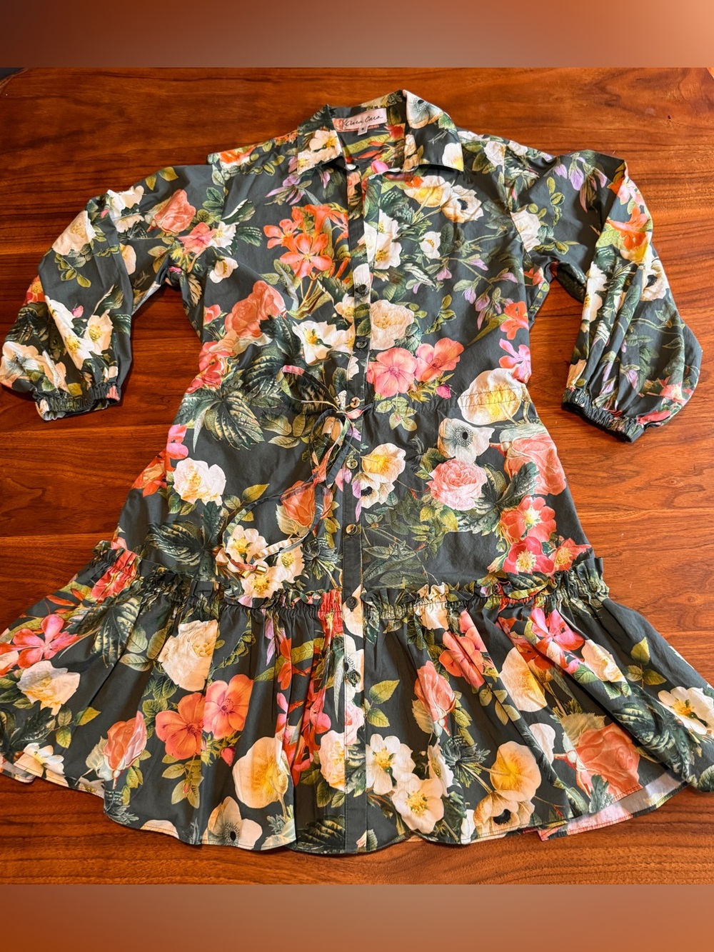 Cara Cara Robin Mini Dress Like New Green Floral Cotton Self Button Ruffle Sz S